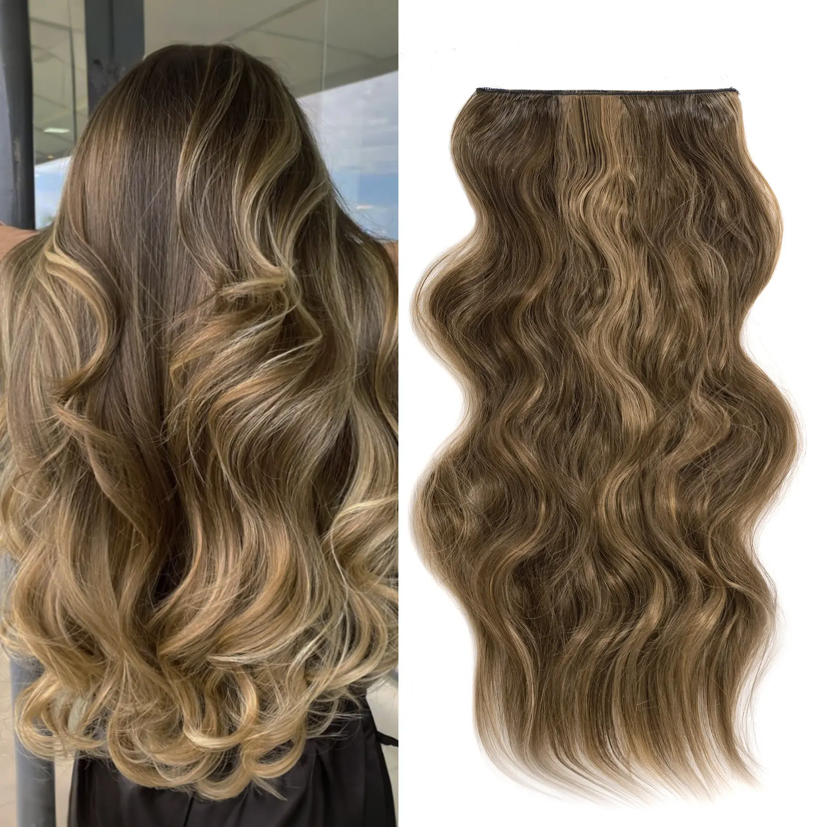 Qbeauty Women's Glueless Synthetic Clip In Hair Extensions - 4PCS 190g Medium Brown Balayage Ombre Hair, Thick Loose Body Wave Long Double Weft Hairpieces with Gift Box, Body Wave Extensions, Clip Hair Extensions