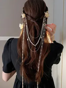 Elegant Pearl Rhinestone Flower Hair Clip, Long Tassel Design, Women's Fashion Accessory, Perfect for Special Occasions, Barrettes Hair Clips, French Hair Clips