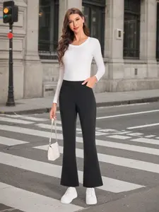 Women's Elegant Solid Stretch Wide-Leg Trousers Super Stretch Waist with Elastic Drawstring Pockets Structured Bootcut Design for Work & Formal Events All-Season Comfortable Formal & Semi-Formal Outfits Bottom