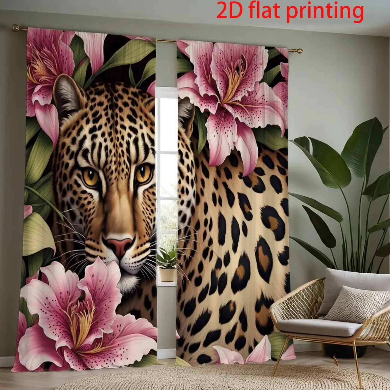 2 Piece Curtain Set, Bedroom Insulated Half Shade Curtains, Window Drapes, Home Decorative Curtain, Leopard Flower Print, Cartoon Animal Design, Polyester Material, Home Decoration Curtain
