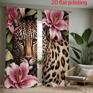 2 Piece Curtain Set, Bedroom Insulated Half Shade Curtains, Window Drapes, Leopard Flower Print, Cartoon Animal Design, Polyester Material