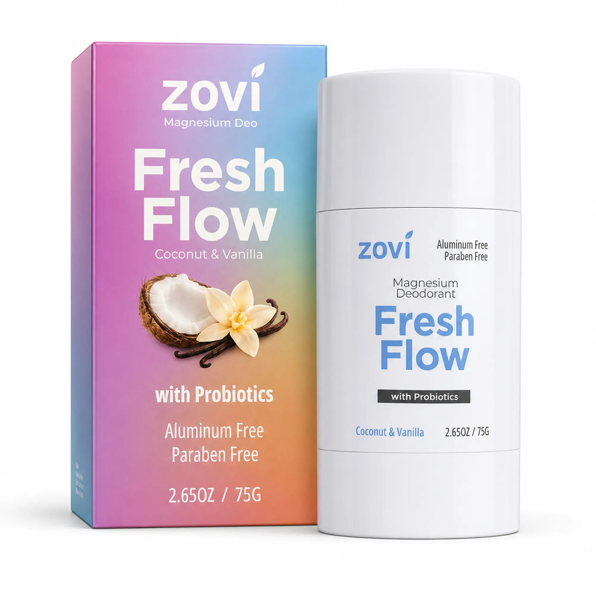 Zovi Fresh Flow Probiotic Magnesium Deodorant, Coconut & Vanilla | Underarm Care for Even-Looking Skin with Niacinamide & Shea Butter | Aluminum & Baking Soda Free | Long-Lasting Odor Protection | 2.65 oz