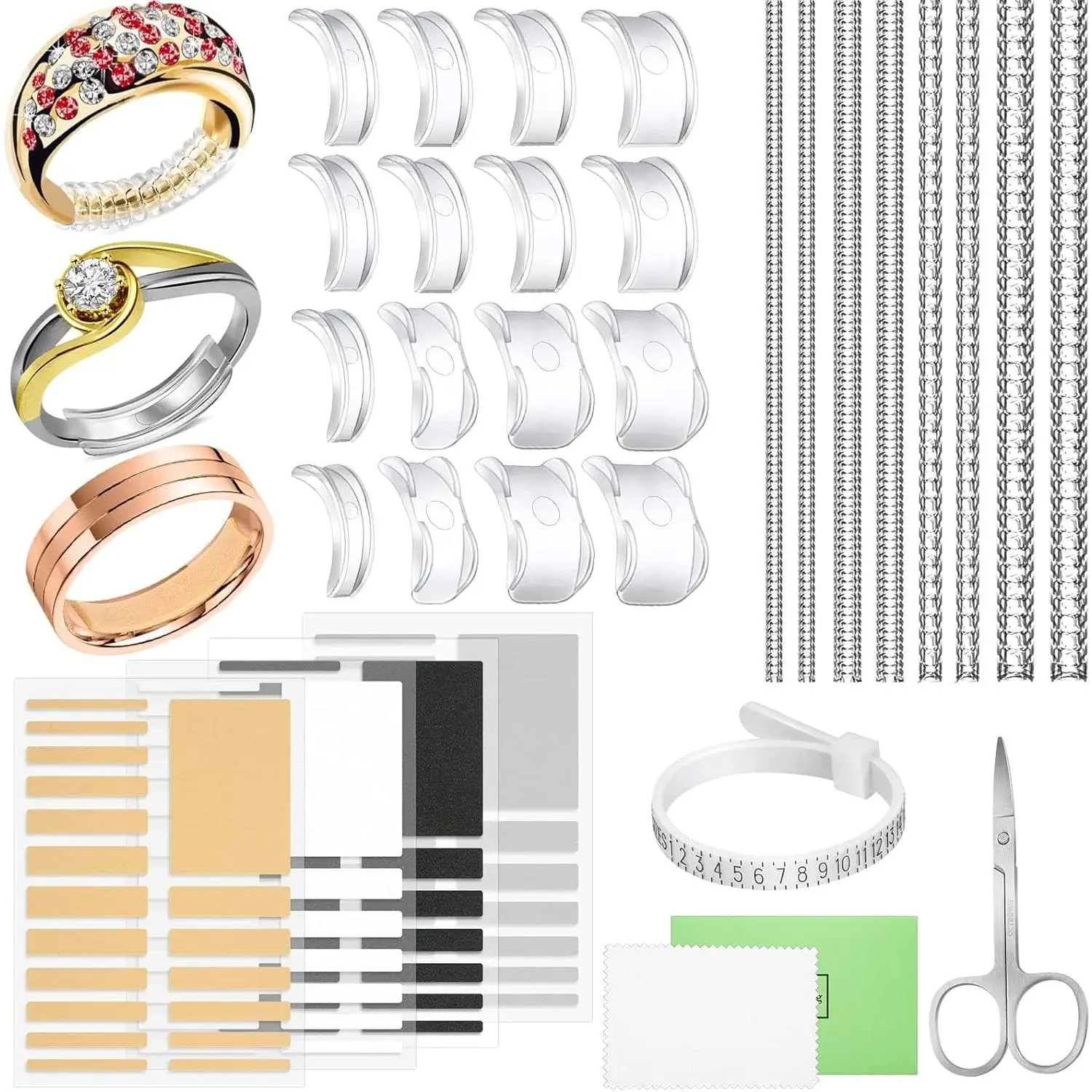 100 count Ring Sizer Adjuster for Loose Rings with Ring Size Measuring Tool, Plug-in Invisible Ring Guards  Tightener EVA  Ring Size Adjuster Set with Polishing Cloth