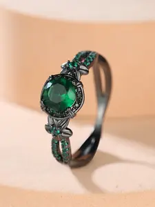 Exquisite Shimmering Green Round Cubic Zirconia Black Flower Four-Prong Ladies' Ring Artificial Zircon Ring Halloween-inspired jewellery gift designed for women Halloween jewellery ensemble