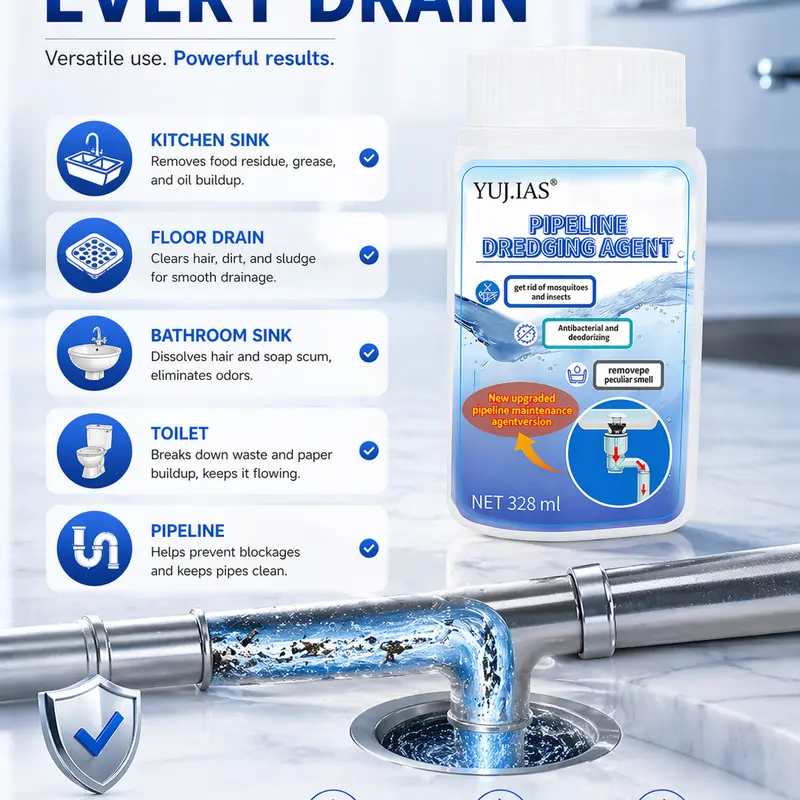 YUJIAS Household Drain Cleaner Powder - 328ml Fast-Acting Home Cleaning Supply for Kitchen/Bathroom, Bathroom Odor Eliminator, Clogged Drain Remover, Grease Dirt Remover, Light Soap Formula, 12-Month Shelf Life