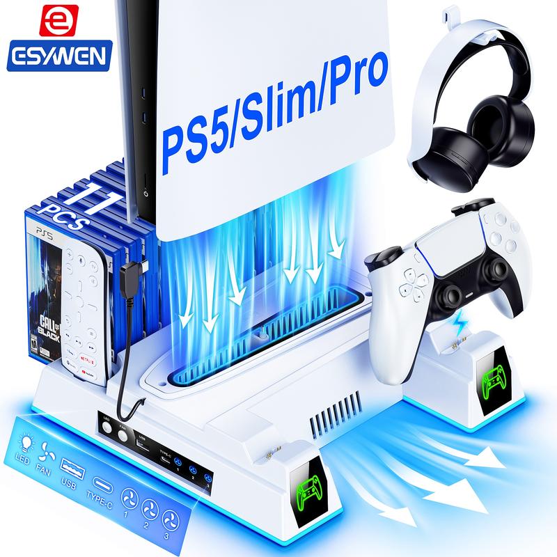 ESYWEN PS5 Cooling Fan Dock & Charging Station with Turbo Fan, 6 Game Card Slots, Dual Controller Charger, RGB Lights, Remote Holder, Compatible with PS5 2020/2023 Slim/2024 Pro Models (Disc & Digital)