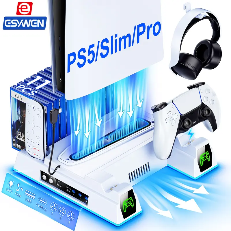 ESYWEN PS5 Cooling Fan Dock & Charging Station with Turbo Fan, 6 Game Card Slots, Dual Controller Charger, RGB Lights, Remote Holder, Compatible with PS5 2020/2023 Slim/2024 Pro Models (Disc & Digital)