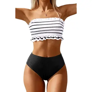 Tempt Me Women Bandeau High Waisted Bikini Sets Smocked Swimsuit Strapless Two Piece Bathing Suit  SwimWeek  summervibes