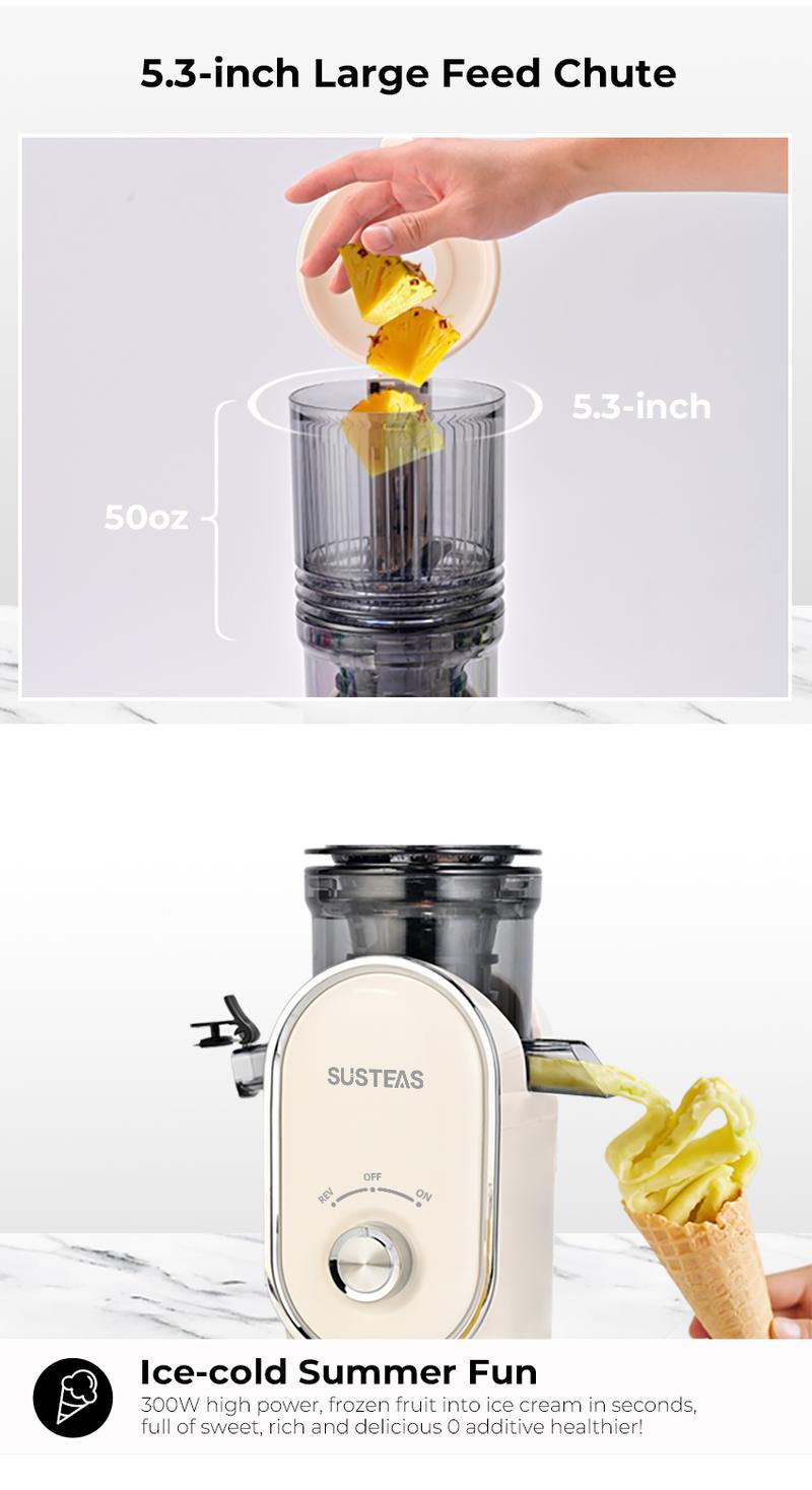 SUSTEAS Cold Press Juicer Large Inlet 5.3" Feed Chute Slow Masticator High Yield 98% Juice Extractor Easy Clean Portable Blender for Whole Fruit Juicing