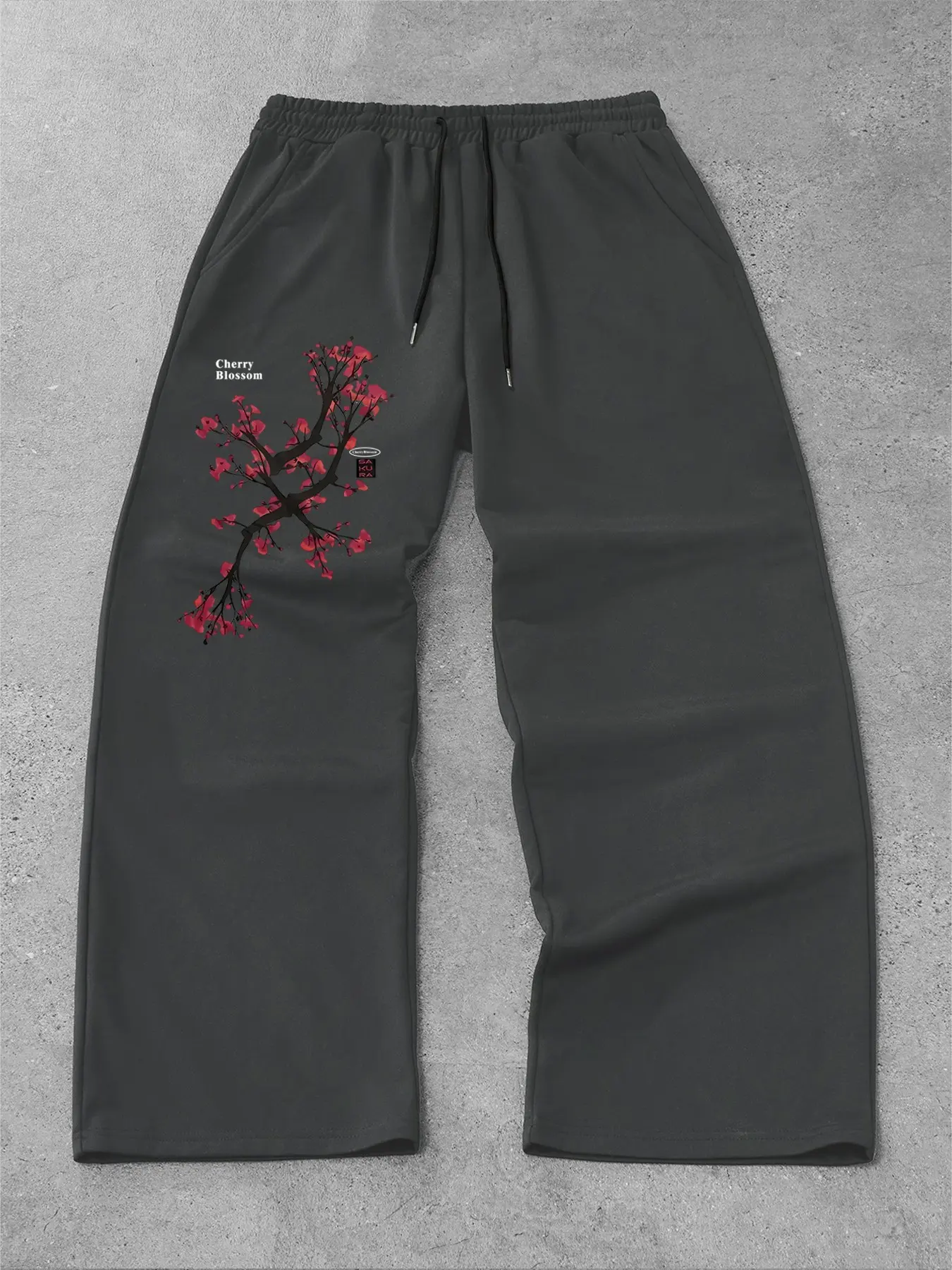 Vintage Washed Gray Cherry Blossom Sweatpants - Neo-Chinese Aesthetic Sakura Graphic Joggers, Minimalist Baggy Wide Leg Pants for Cozy Daily Wear, Premium Zen Style Streetwear.