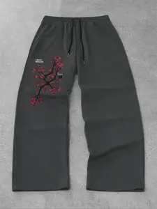 Aesthetic Cherry Blossom Print Washed Grey Sweatpants - Japanese Sakura Style Baggy Wide Leg Joggers - Soft Grunge Streetwear Bottoms for Gender Neutral Urban Outfits Baggy Jogging Pants