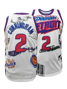 Men's Letter & Figure Embroidered Crew Neck Basketball Jersey,Detroit 2 Vest, Loose Casual Breathable Comfortable Round Neck Sleeveless Sports Jersey for Outdoor Training, Basketball Clothing for Men