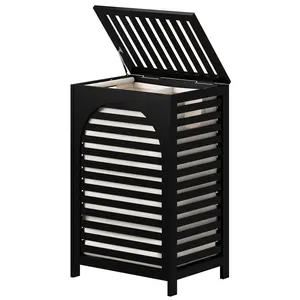 Black Laundry Hamper Laundry Hamper with Lid 22.5 Gallon (85L) Bamboo Wood Clothes Laundry Basket with Lid and Handles Removable Liner
