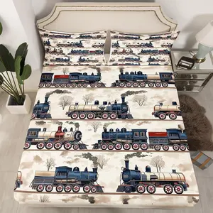 Kids Vintage Steam Train Bedding Set,for Car Lovers,Boys Retro Classic Steam Engine Vehicles Fitted Sheet Timeless Railroad Locomotive Bed Sheets with