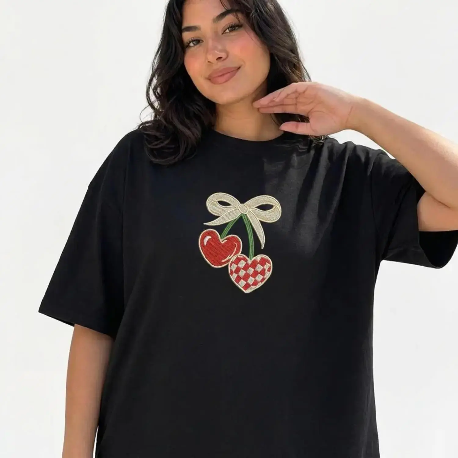 Women's Plus Size Casual Short-Sleeve Cotton T-Shirt - Cherry Bow, Checkerboard Graphic Tops, Shortsleeve, Crew Neck, Streetwear, Tshirt, Lady, Geometric, All-Seasons, Machine Wash, Plus Size Clothes, Curvy Clothing