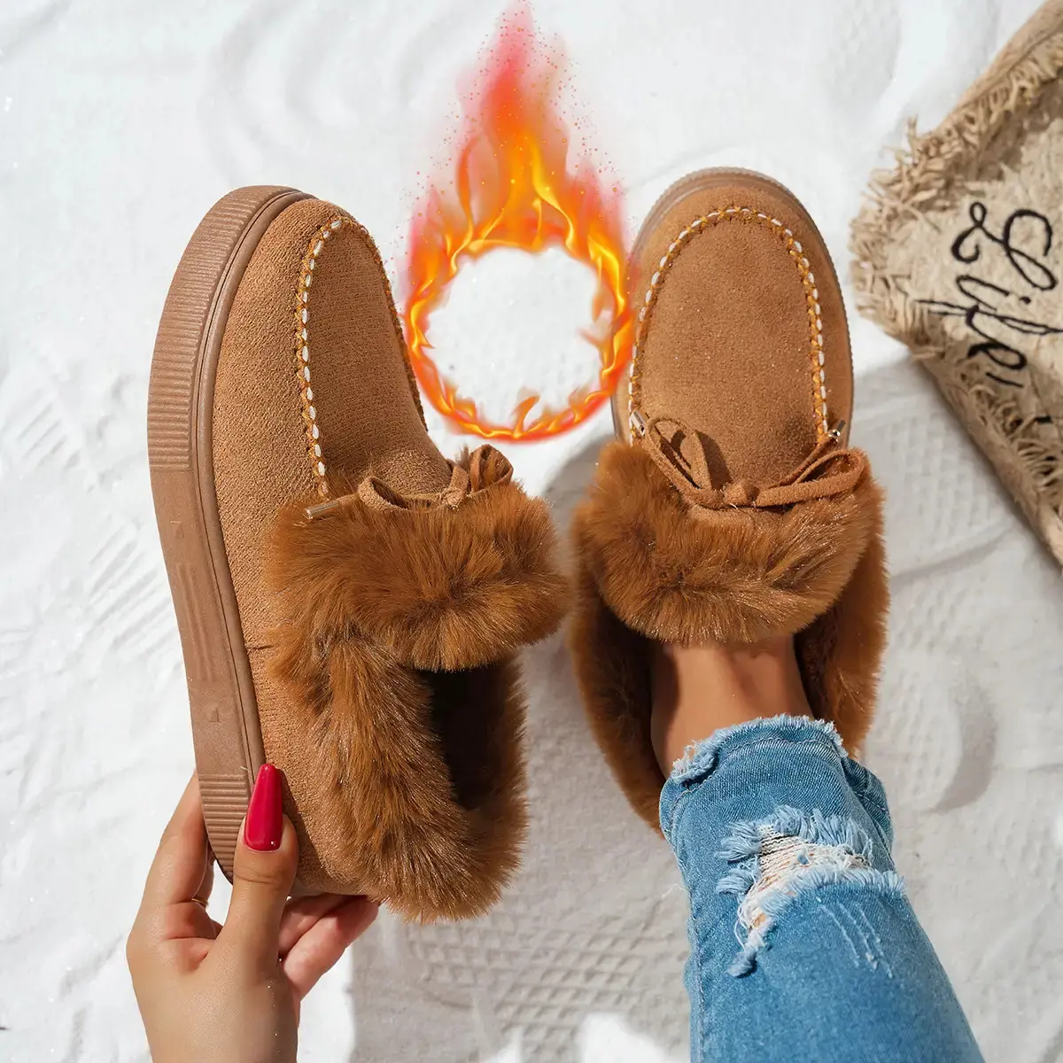 Women's Warm Platform Loafers, Wide Width Slip-On Moccasins with a Thick Rubber Sole, Casual Winter Office Footwear