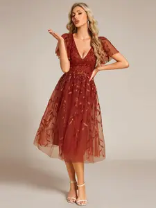 Ever-Pretty 2026 Valentine dress Spring  dress ,Short Sleeves Leaf Sequin A-Line Midi Formal Wedding Guest Dress ,Formal dress,Evening Dress 02230