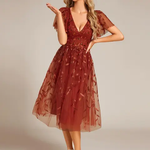 Ever-Pretty 2026 Fall Women's Elegant Classy Short-Sleeve Leaf Sequin A-Line Midi Formal Dress - Colorful Embellished Dresses for Women, Wedding Guest Outfits, Wedding Guest Dresses