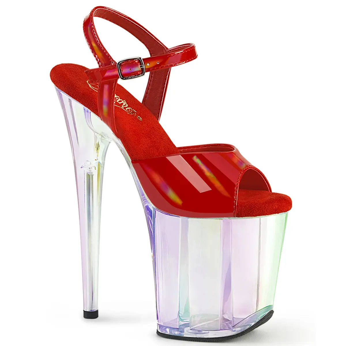 Women's Iridescent Holographic Chunky Heeled Platform Footwear - Red Ankle Strap Heels for Women, 8-in Raised Heel, 4-in Tinted Flatform, Ideal for Pole Dance, High Heels