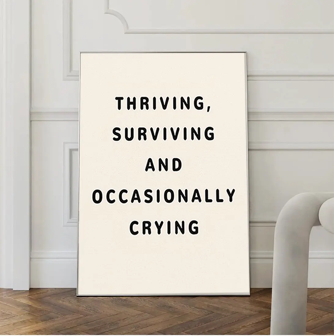 Inspirational Quote Wall Art, Thriving Surviving and Occasionally Crying Canvas Poster, Black and White Desk Office Wall Picture, Positive Mental Health Print for Bedroom