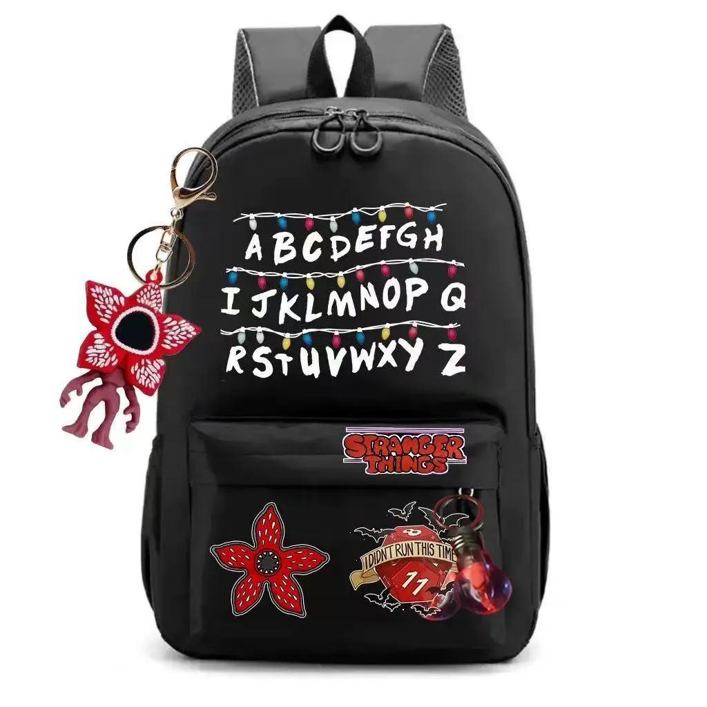 Stranger Things Backpack for Teens, Demogorgon Monster Alphabet School Backpack, Casual Daypack Travel Bookbag with Keychain Gift