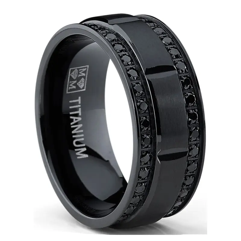 9MM Men's Black Titanium Wedding Band Ring with Double Row Black Cubic Zirconia, Comfort Fit