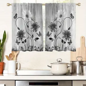 2pcs  Blackout Curtains, Farmhouse Country Boho  Butterfly Print Kitchen Decor, 28x40inch, Rod Pocket Design Short Drapes for Small Windows, Cafe, Shop, Kitchen, Bathroom Room Decor, Machine Washable panel set doble layer darkening floral ruffle