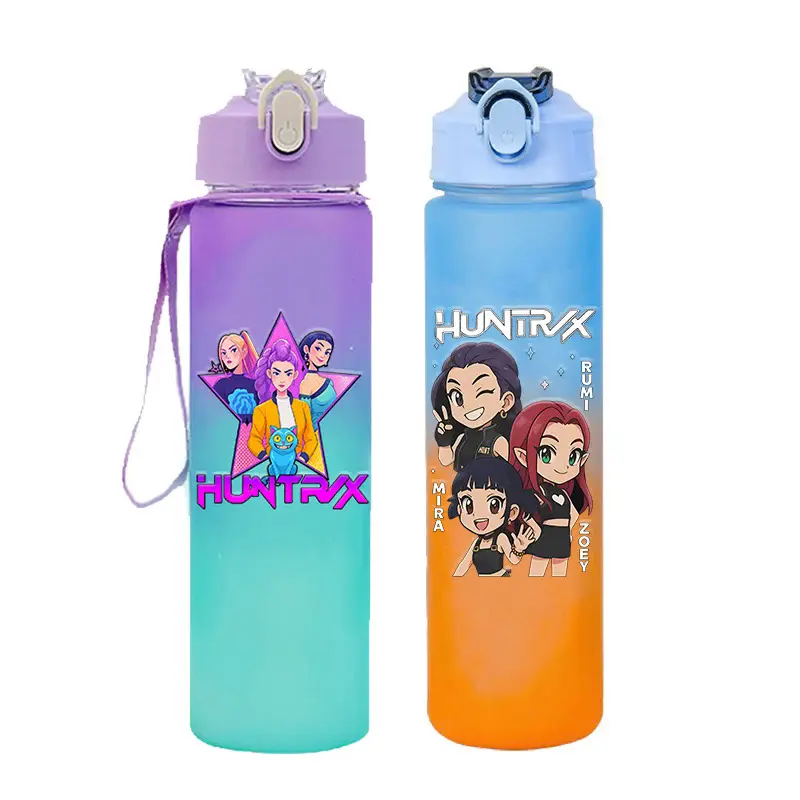 750ML Kpop Demon Hunters Sports Water Bottle, Leak-Proof Plastic Drinking Cup with Time Scale, Suitable for Travel and Fitness