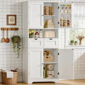 White Kitchen Pantry Cabinet 63" Tall Freestanding Wood Cupboard with Drawer Sliding Storage Rack & 6 Hanging Shelves for Dining Room Laundry