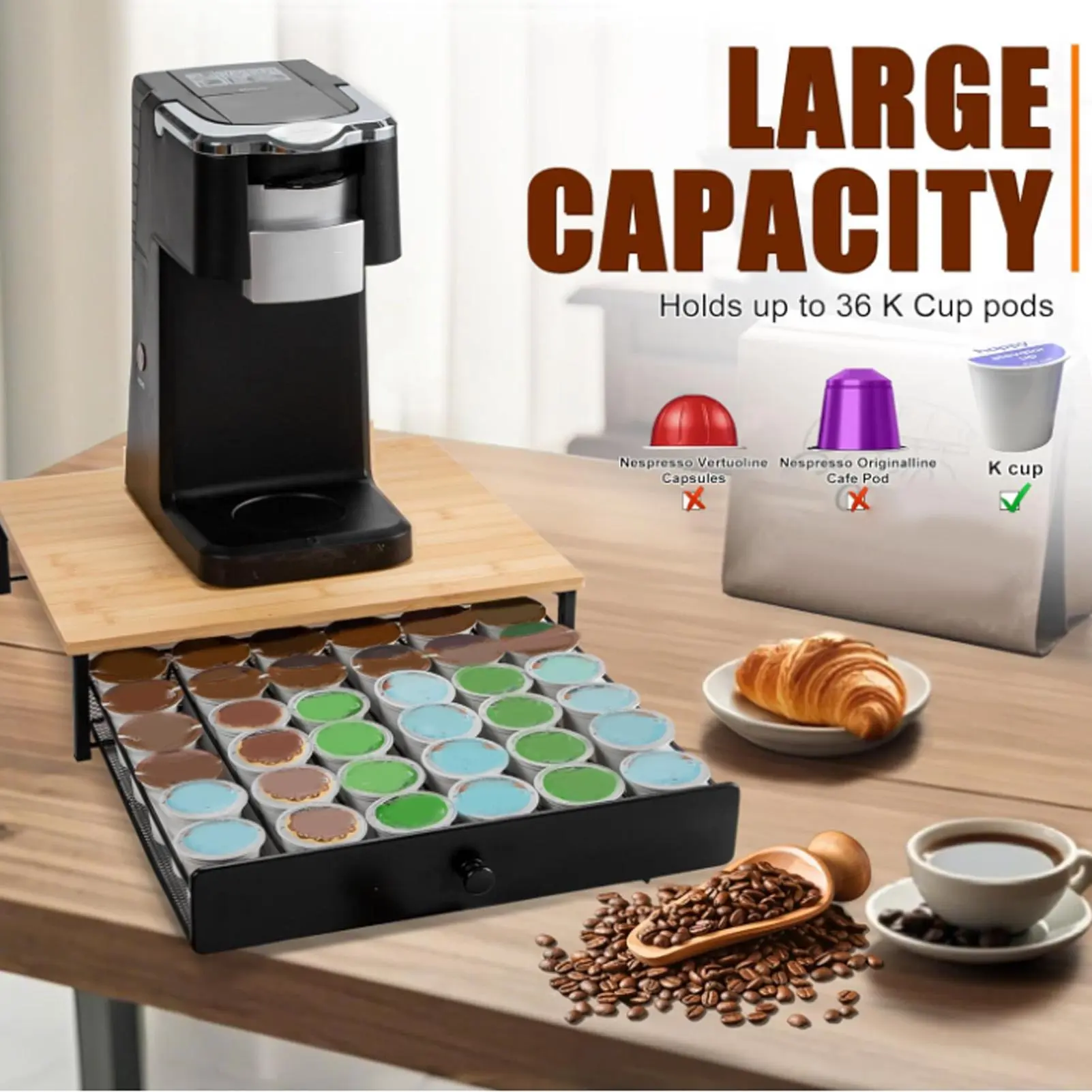 Iron & Bamboo Rectangular Coffee Pod Storage Drawer (8.5cm), Fashionable Appearance Modern Space-Saving Organizer, Drawer Access, Holds Up to 36 Pods, for Home Kitchen Counter Coffee Station