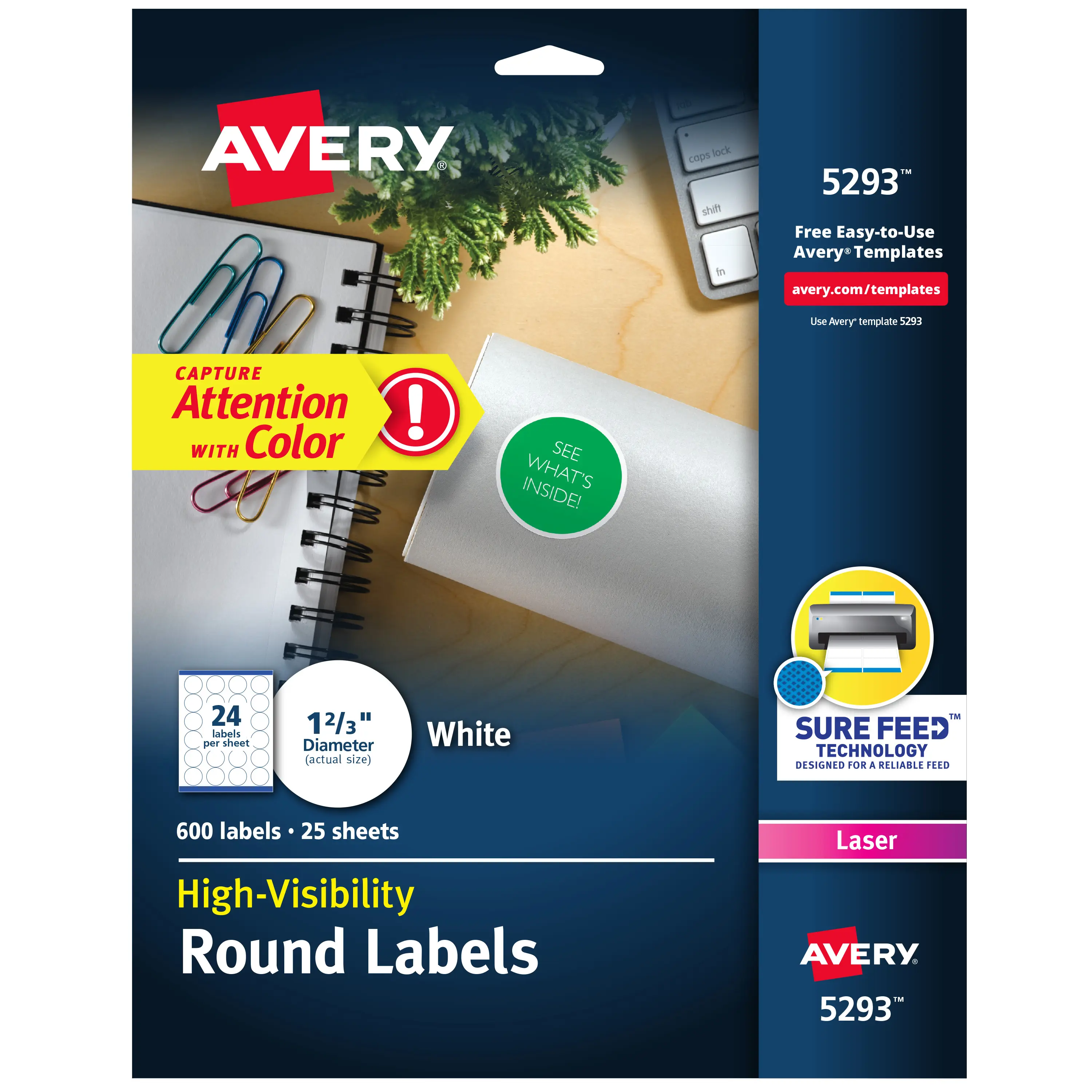 Avery Round Printable Labels, 1-2/3" Diameter, Matte White, Sure Feed Technology, Laser & Inkjet Compatible, 600 Blank Labels Total (5293)