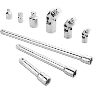 9 PCS Socket Accessory Set, Includes 3/8" Drive Extension Bar Set, 1/4", 3/8" & 1/2" Drive Universal Joints and Adapters, Chrome Vanadium Steel with Mirror Finish, Chrome Plated