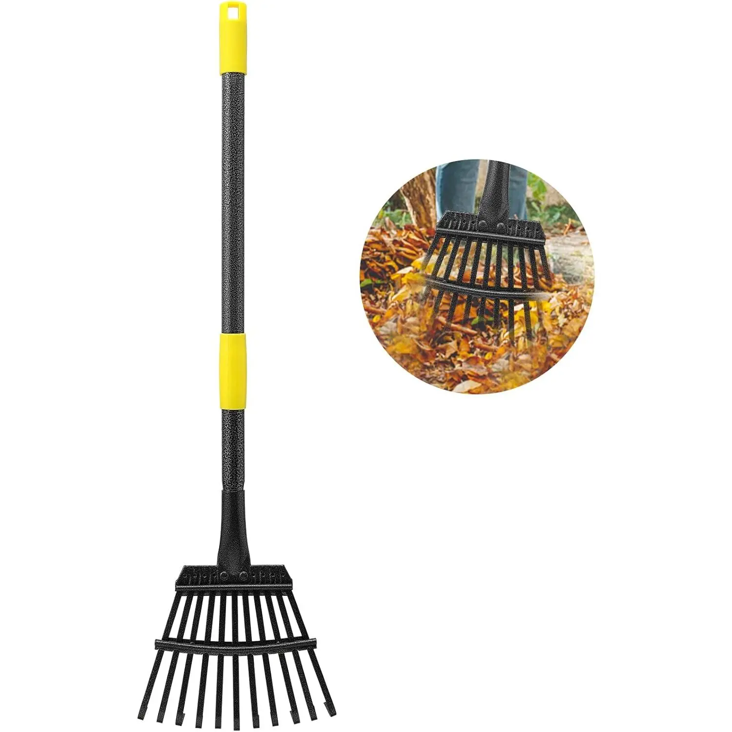 Adjustable Metal Garden Rake for Leaves - Long Handle 30-60inch Teeth 9inch Width - Small Lawn Foldable Yard Rake Suitable for Adults and Children - Camping, Flower Beds, Mulch, Shrubs