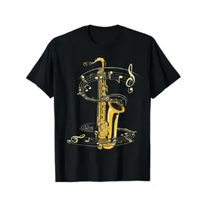 Men'S Jazz Saxophone T-Shirt - Black with Golden Music Notes - Soft Stretchy Fabric - Perfect for Concerts & Casual Wear - Great Gift for Jazz Musicians And Music Enthusiasts, Features Treble Clef Design, Comfortable Material