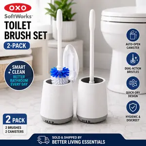 OXO SoftWorks 2-Pack Toilet Brush Set with Auto-Open Canisters, Double-Sided Dual-Action Bristles, Quick-Dry Ventilation, White Bathroom Cleaning Tool Kit