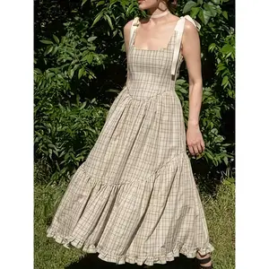 SYHAN 2026 Latest Green Plaid Strap Dress Women's Summer New Slimming Holiday U-Neck Skinny Waistcoat Long Dress Casual Sleeveless Polyester FE797962 - Womenswear