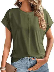 A women's solid color side pleat raglan sleeve round neck short sleeve top T-shirt, suitable for summer, suitable for daily commuting, home and other leisure occasions, Lady, Casual, Basic