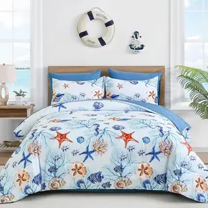 Coastal  Comforter Set, 7 count Beach Themed  Sand Dollor & Starfish  Bed in a Bag, Summer Bed Comforter  Set(90"90")