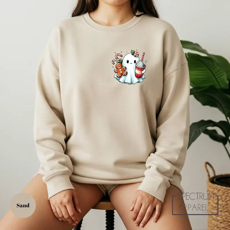 Christmas Ghost Sweatshirt, Vintage Spooky Holiday Sweater, Gingerbread Ghost Christmas Shirt, Cute Ghost Xmas Sweatshirt, Holiday Spirit Gift, Made in USA.LKD