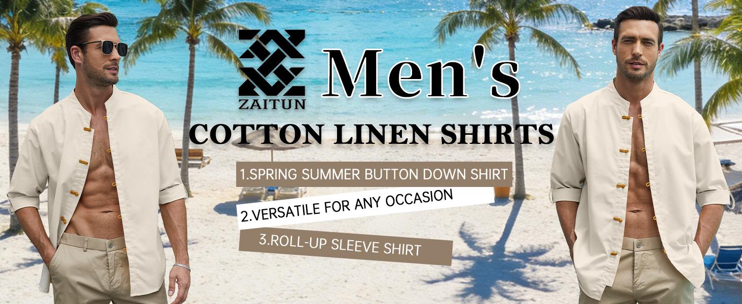 Zaitun Men's Linen Shirt Casual Buttons Down Roll-Up Sleeve Shirt Summer Zen Style T-shirts Kongfu Shirt Karate Shirt