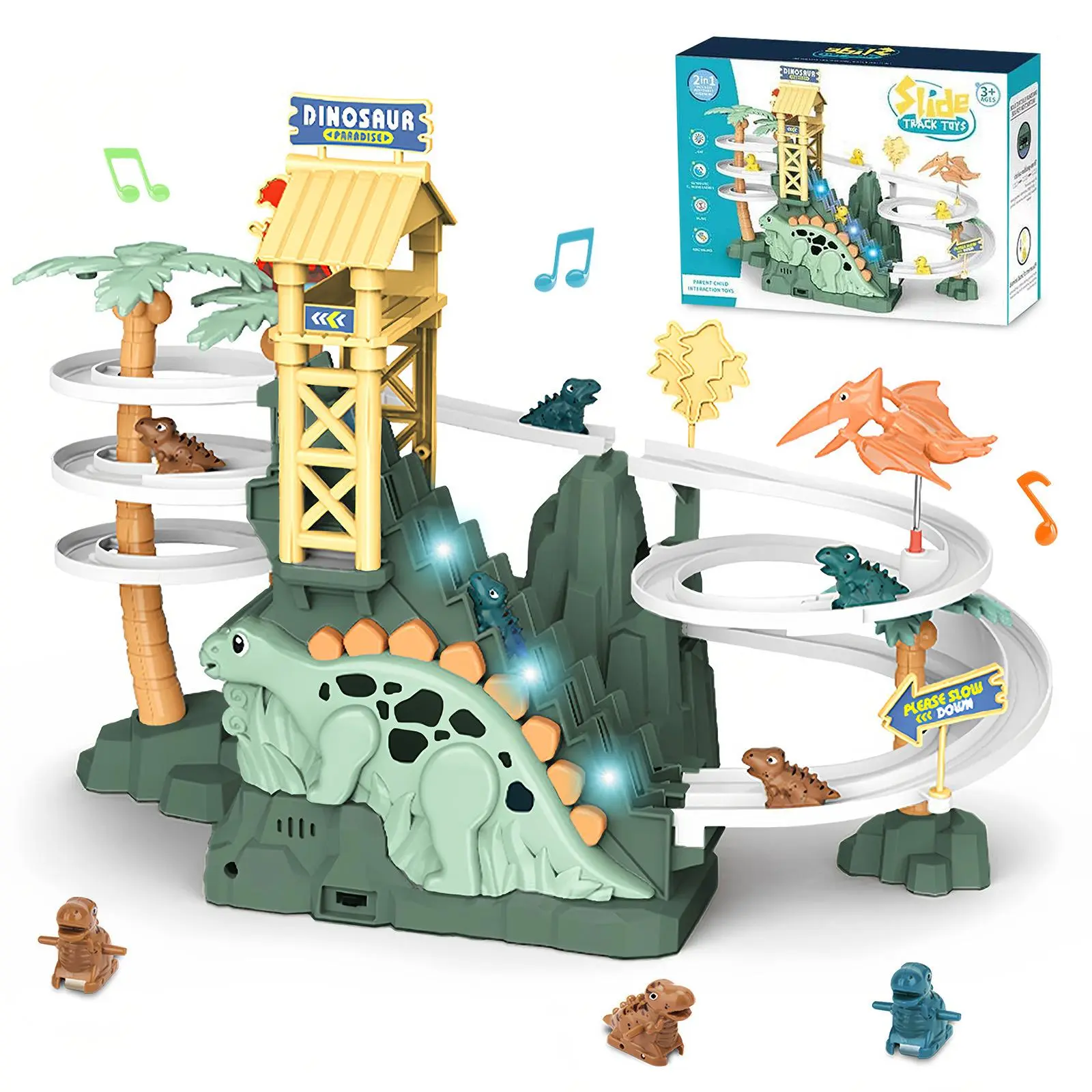 Rotating Dinosaur Adventure Slide Climbing Stairs Track Educational Toy for Kids, Dinosaur Climbing Slide Light Up Music Stairs Toy, Birthday Gift, Comes with Five Little Dinosaurs