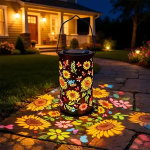 Outdoor waterproof colorful solar lanterns, Solar illuminated lanterns, sunflower glow solar garden lights, LED sunflower solar metal hanging lights with dragonfly shadow patterns, suitable for patio, yard, porch and lawn decoration