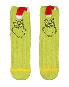 Dr. Seuss GRINCH Adult Sherpa Lined Grinch Face Santa Hat Sweater Knit Slipper Socks For Men and Women