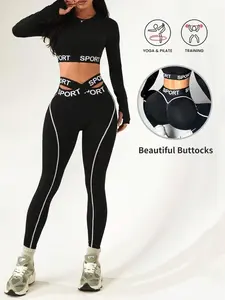 2pcs Women's Seamless Contrast Stripe Letter Printed Long Sleeve Top & Cropped Leggings Sports Set for Yoga Workout All Seasons