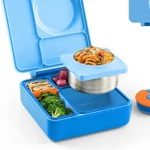 Kids' Insulated Bento Lunch Box - 3-Compartment, 2-Temperature Zone Design with Leak-Proof Vacuum Food Jar (Blue Sky)