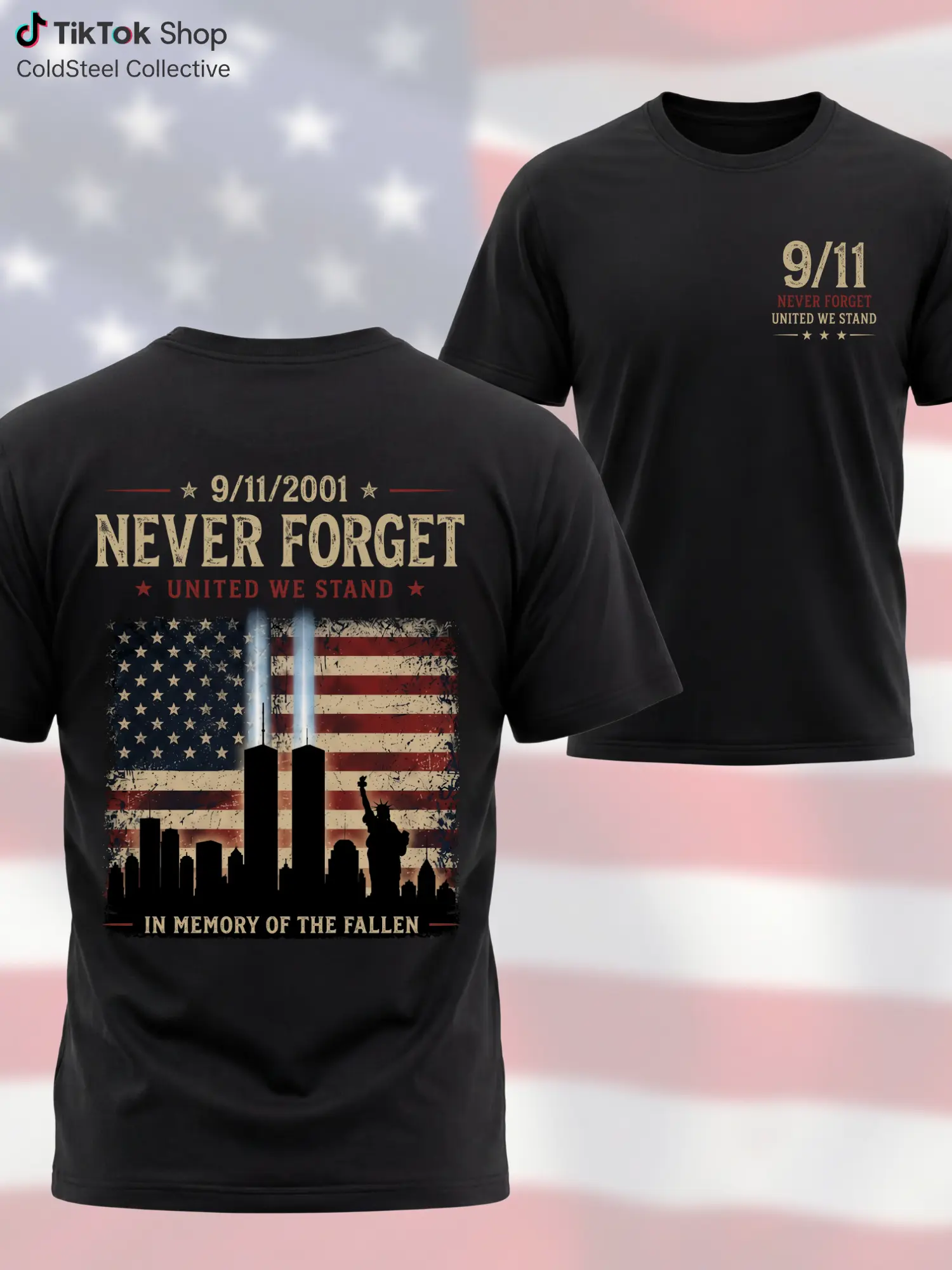 Men's 9/11 Never Forget United We Stand T-Shirt - Black 2-Sided Memorial Tee with Twin Towers, American Flag, Statue of Liberty - Patriot Day Gift for First Responders
