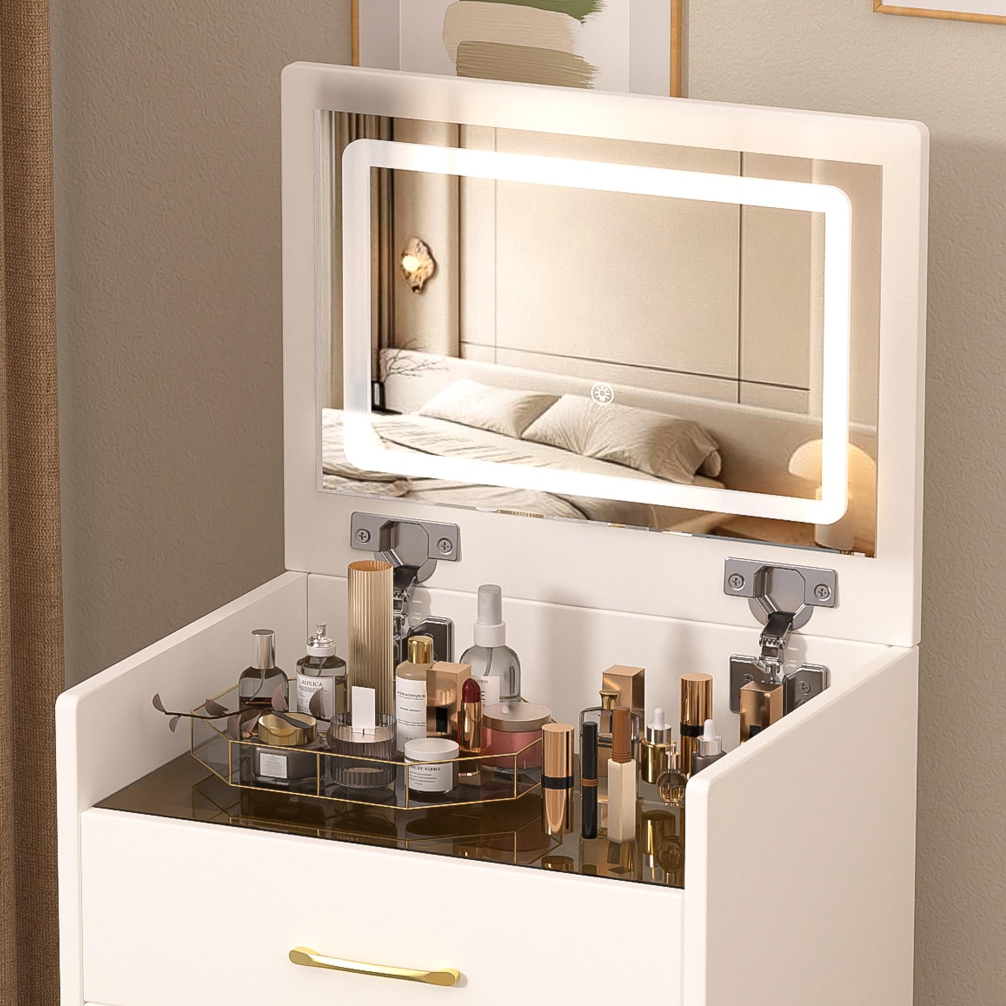 3-in-1 Vanity Desk with Flip-Top Mirror, Nightstand & Makeup Table Combo, Glass Top, 3 Drawers & Hidden Jewelry Storage, Stool Included – Space-Saving Vanity for Small Bedrooms/Apartments