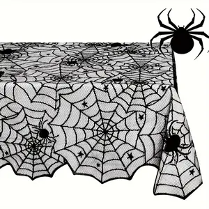Halloween and Christmas Black Lace Spider Web Tablecloth - Suitable for fireplace, kitchen, and party dining table decorations. Fireplace decor, Gothic style holiday atmosphere, lightweight durable polyester fabric, festive table flags, spider web tablecl