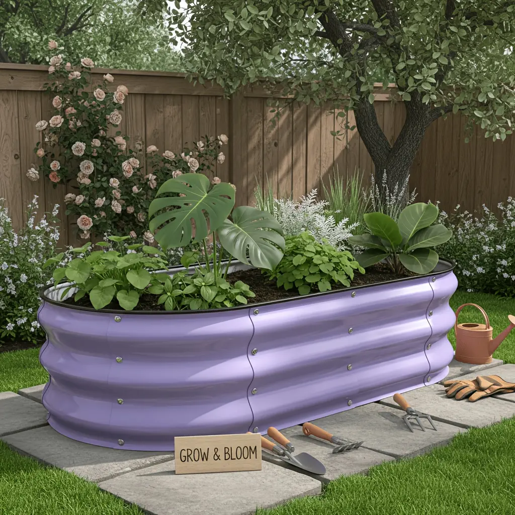 Lavender Purple Galvanized Metal Oval Raised Garden Bed (4x2x1 ft), 12-in Deep Open Bottom Planter with Drainage Design for Outdoor Patio Backyard Vegetables, Herbs