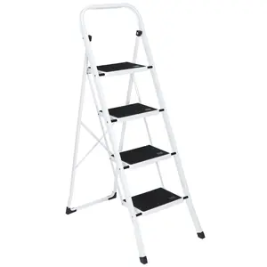 Zeny 300lbs Folding 4-Step Steel Ladder Portable Step Stool with Anti-Slip Wide Pedal White & Black Easy Fold & Carry for Indoor Tasks